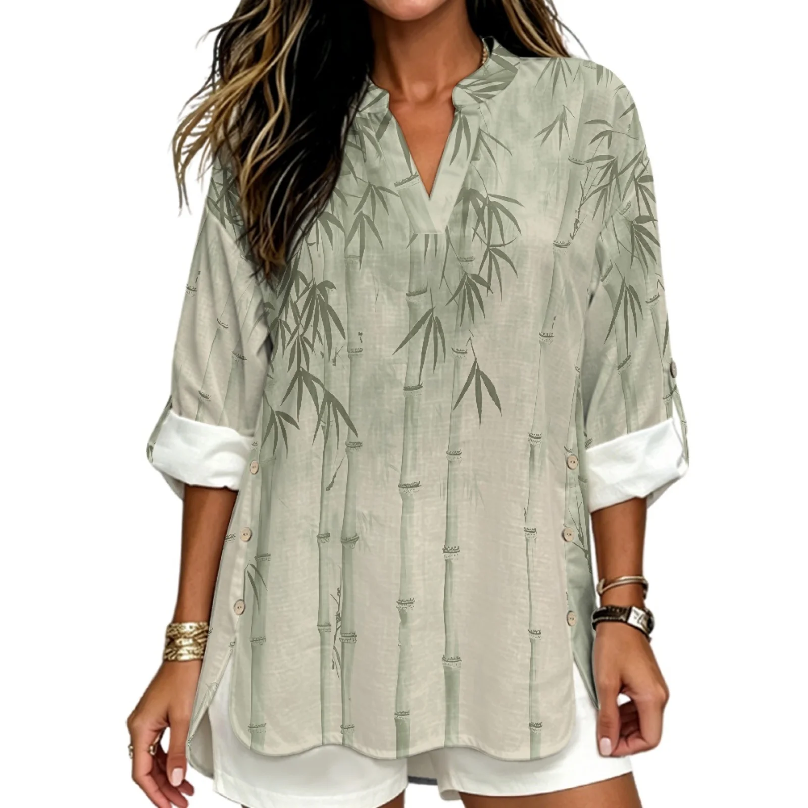 INSTANTARTS Camisa de lino con cuello en V para mujer, blusa transpirable de manga larga, puños enrollables, ligera, cómoda, suave, estilo retro, bambú