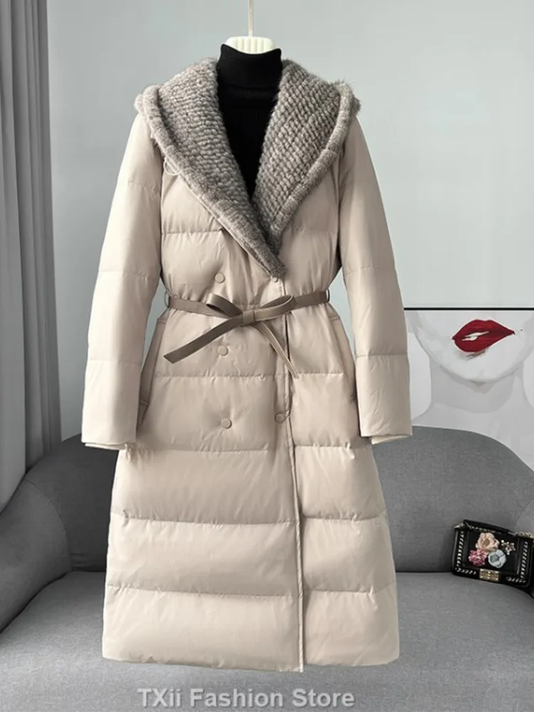 Luxury Slim Long Down Parkas Women Real Mink Fur Collar Hooded Coats Winter Thick Warm White Goose Down Jackets Lady Outerwear