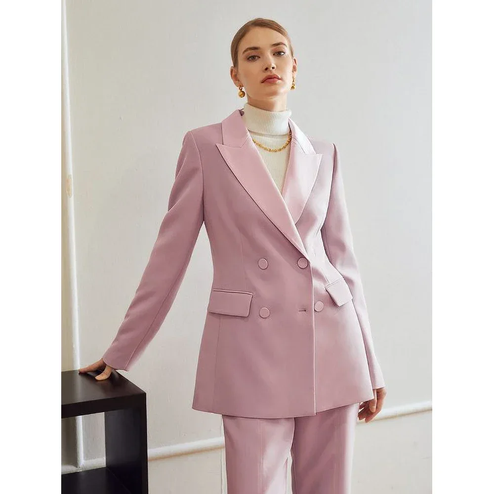 Fashion Satin Peak Lapel Women Suits Double Breasted Slim Office Lady 2 Piece Blazer with Pants Formal Casual Basics Pants Sets