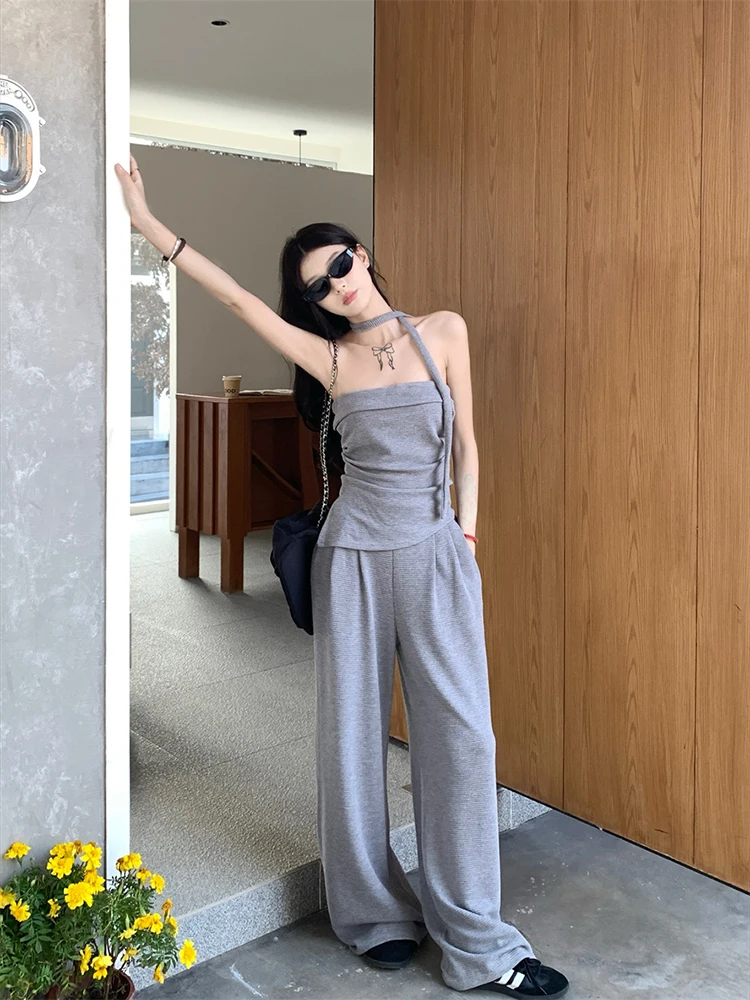 

Irregular ribbon strapless vest women's summer outfit set gray casual straight leg pants long pants two-piece set