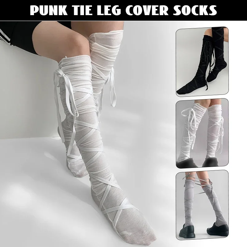 Women's Punk Strappy Ballet Calf Socks Gothic Lolita Tie-Leg Stockings with Bow Accents Japanese Jk Cosplay Knee-High Thin Socks