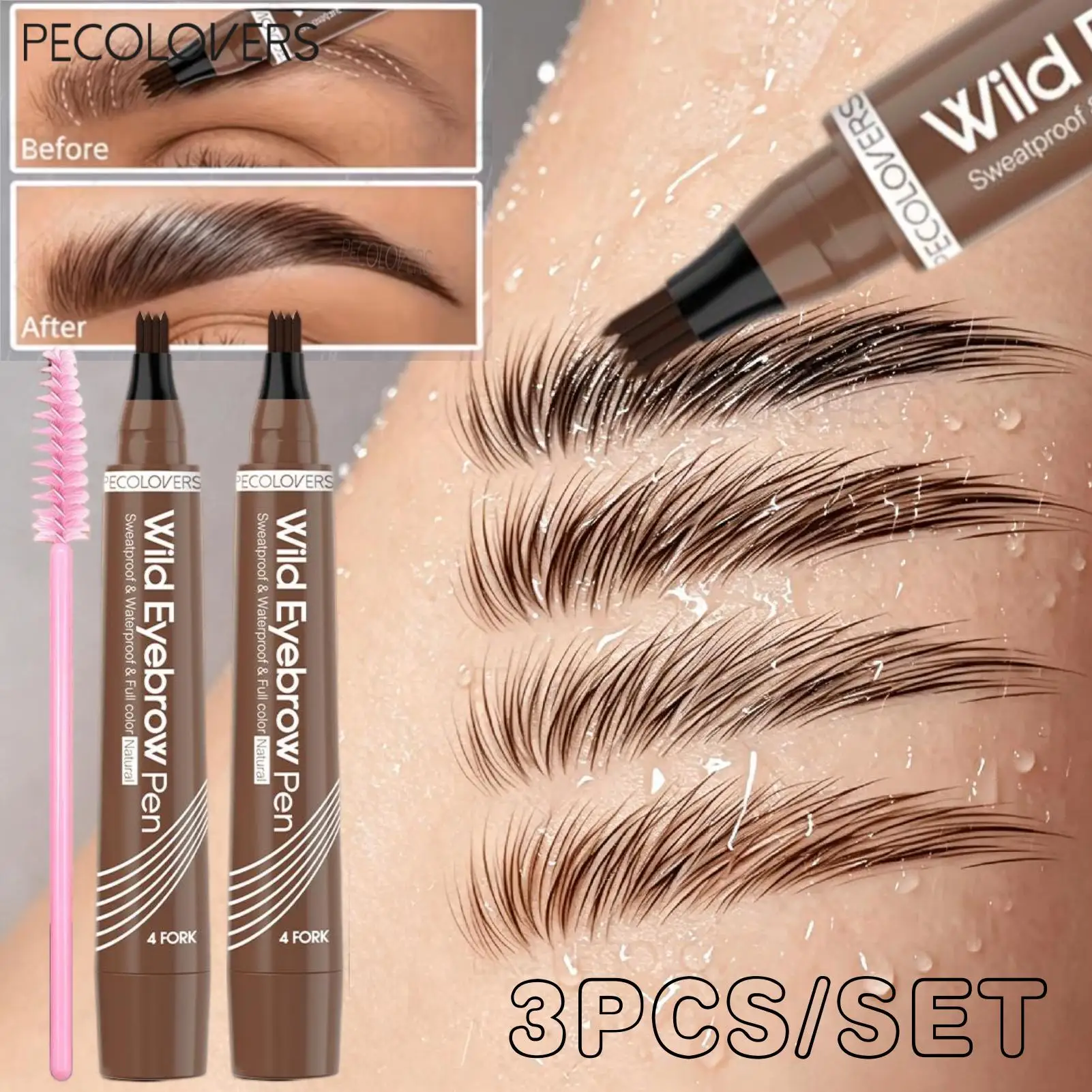 3PCS Four-tip Eyebrow Pencil with Eyebrow Brush Set - Waterproof And Sweatproof, Quick-drying, All-Day Wear And Non-Fading