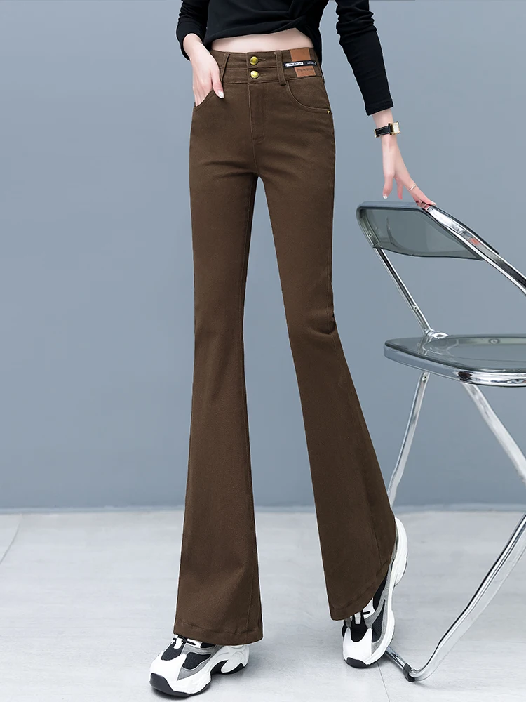 

Женские джинсы с высокой талией, расклешенные, повседневные, утепленные, из эластичного хлопкового денима, весна-осень, новый стиль