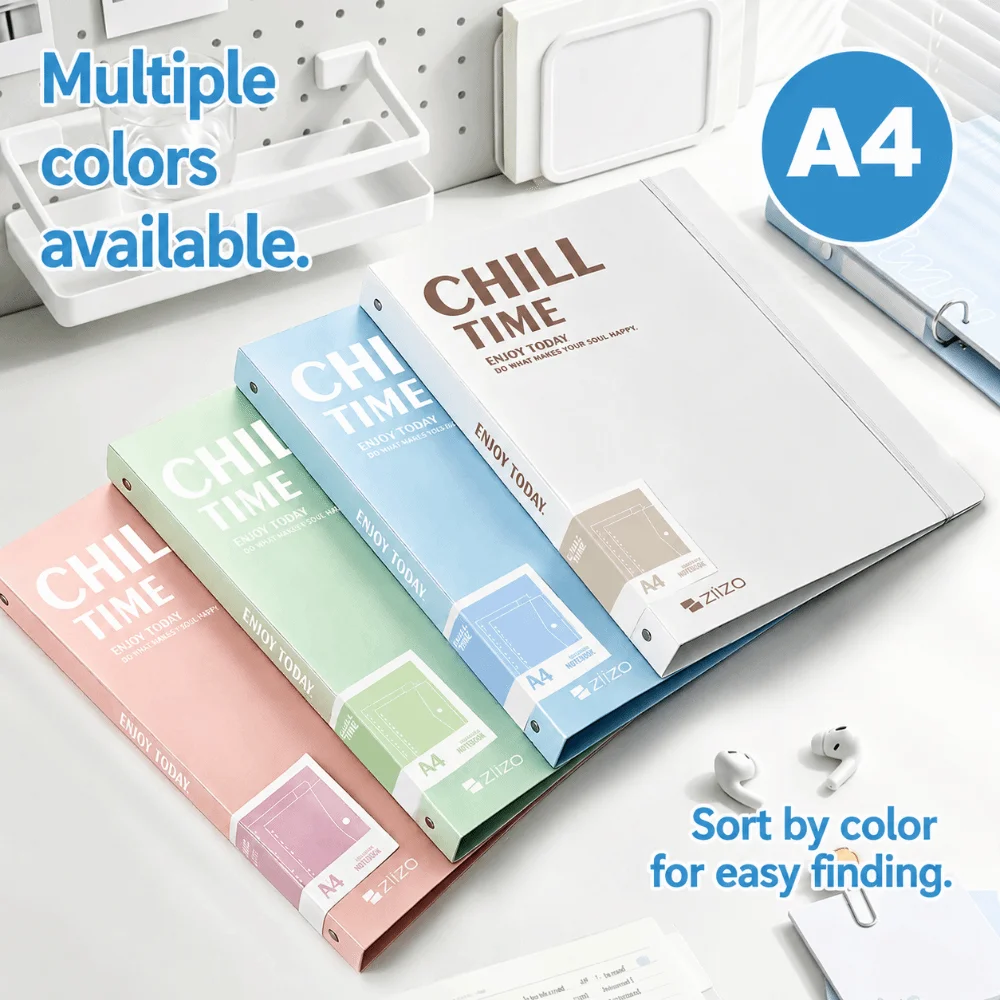 

Waterproof Morandi A4 File Folder Loose Leaf with 4 Clear Pocket Document Organizer with Elastic Strap Binder Students