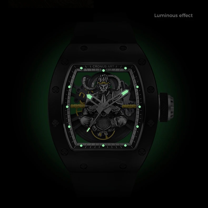 CRONUSART Orologio automatico da uomo 50mm * 42mm Tonneau Orologio da polso meccanico Quadrante scheletrato Cassa luminosa in acciaio al carbonio