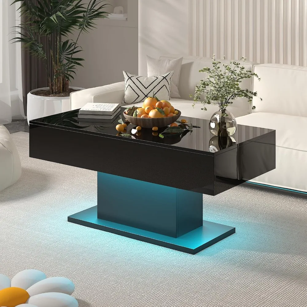Modern Rectangular High Gloss Coffee Table with Storage Drawers for Living Room, Sleek Center Table in Black Finish