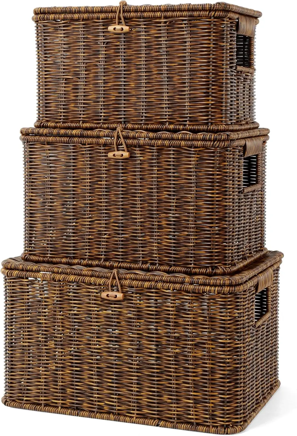 Nonam Wicker Storage Basket With lid, Large Stackable Plastic Bin, Brown