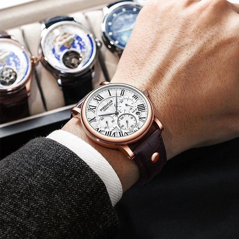 POEDAGAR-reloj analógico de cuero para hombre, accesorio de pulsera de cuarzo resistente al agua con cronógrafo, complemento deportivo clásico de marca de lujo con diseño militar
