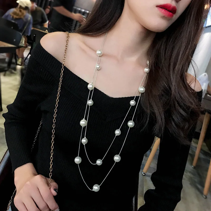 New Temperament Multi-layer Pearl Sweater Chain Pendant Necklace for Women Korean Personality Fashion Choker Jewelry Accessories