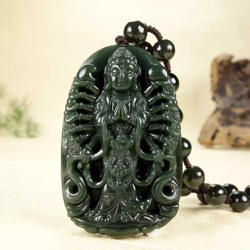 

Natural Hotan Thousand-Armed Avalokiteshvara Pendant Men and Women, Green Jade Bodhisattva Necklace