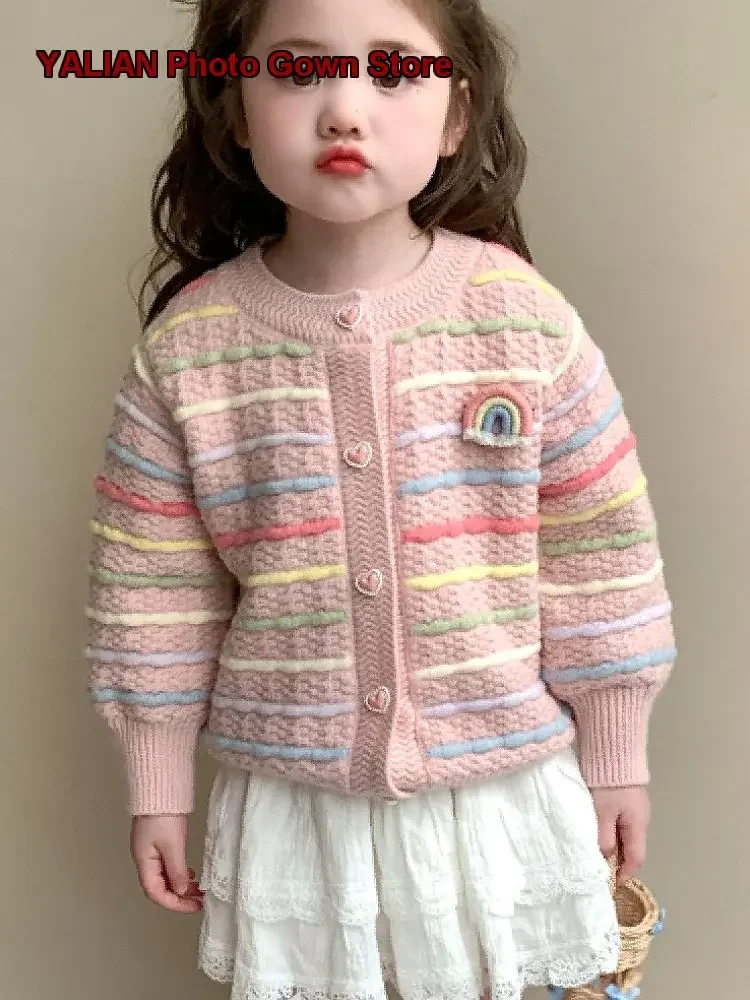Girls Knit Cardigan 2025 Spring Rainbow Striped Casual Coat for Young Girls in Spring and Autumn 3