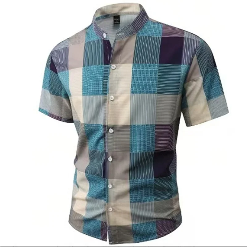 Men's Four-Way Stretch Stand Collar Summer Shirt Button-Up Checkered Short Sleeve Casual Everyday Clothing 5XL
