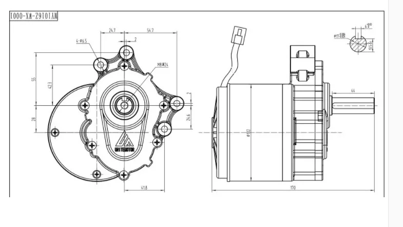 250W 24V electric wheelchair motor 44mm long shaft, 17mm shaft diameter low speed brushed geared motor