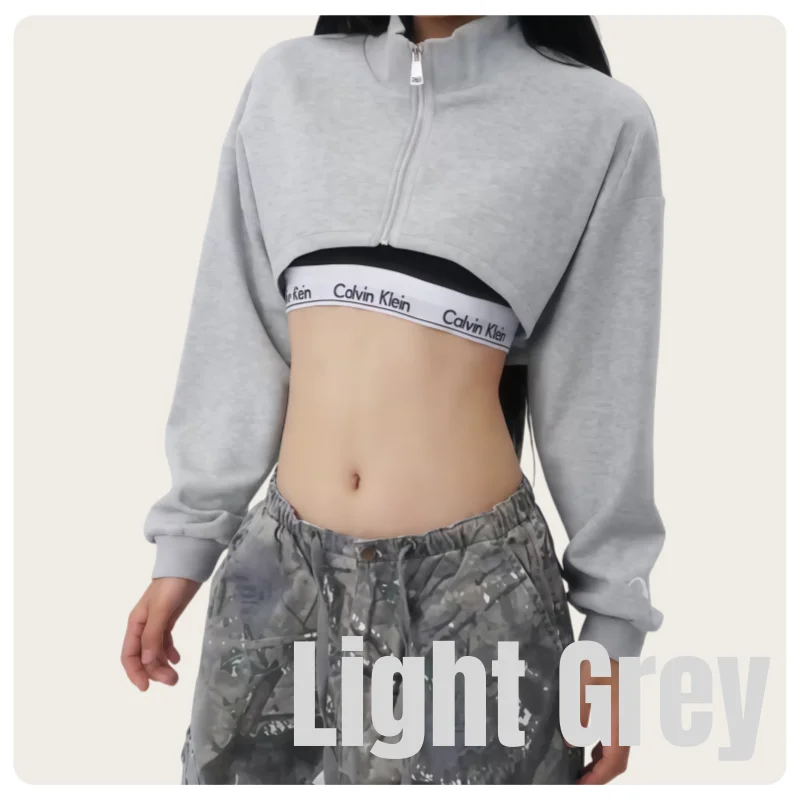 Koreanischer Streetdance-Stil Damen Grau-Schwarzes Locker Sitzendes Kurzes Crop-Top Reißverschluss-Sweatshirt – Detail 8