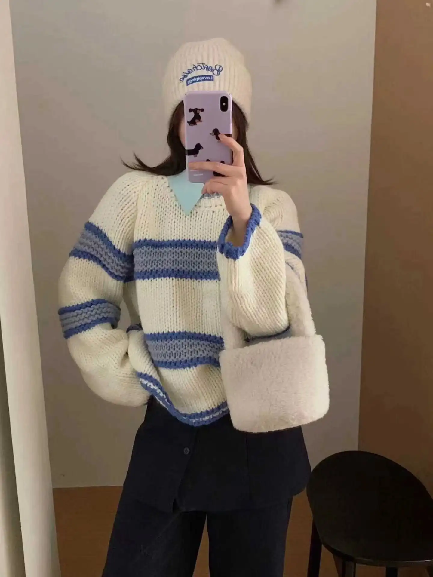 Chic Loose Long Sleeve Knitted Sweater round Neck Striped Autumn Winter New Style Women's Regular Fit Comfortable Casual Sweater