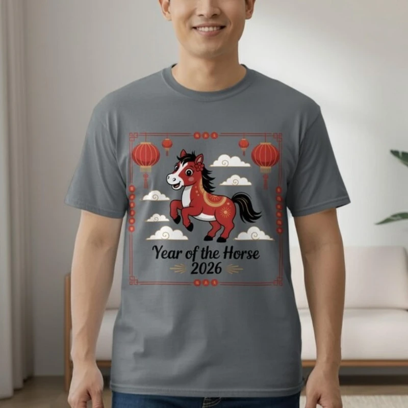 Year of The Horse 2026 Cotton T-Shirt: Chinese Lunar New Year, Lucky Zodiac Apparel Casual Fashion Soft Comfortable Outdoors Tee