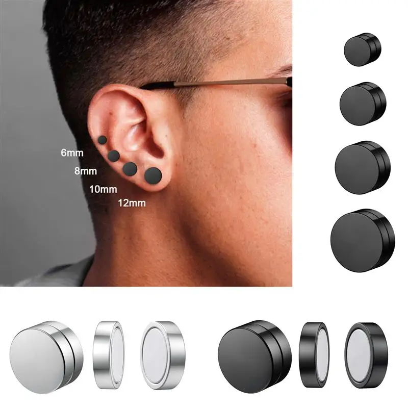 WKOUD 2pcs Round Circle Non Piercing Strong Magnet Magnetic Punk Mens Ear Clip Women Non Piercing Earrings 6/8/10/12mm