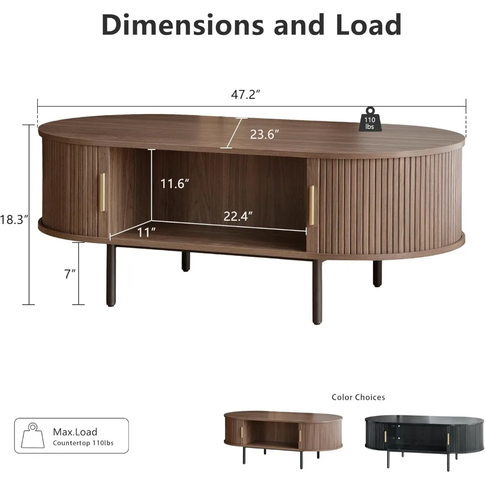 ミッドセンチュリーモダンな楕円形コーヒーテーブル、収納と引き戸付き、ミニマリストデザインの木製ティーテーブル