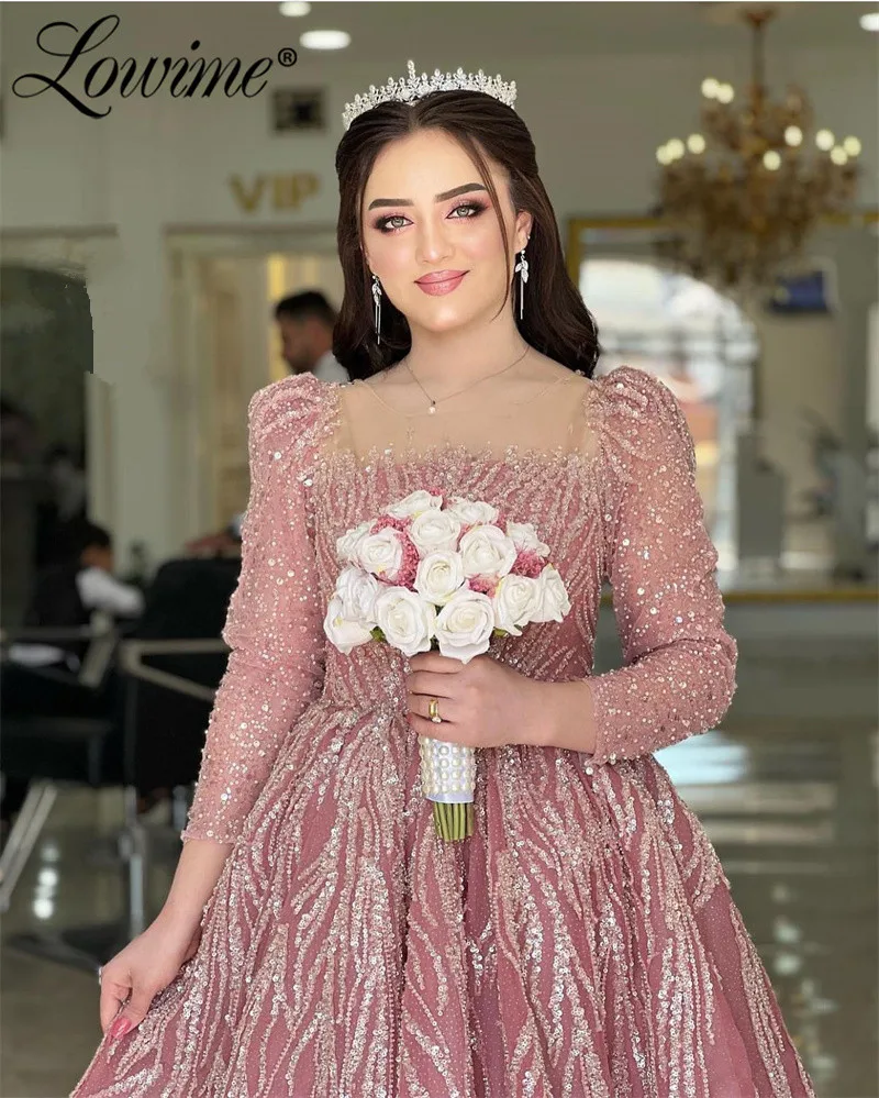 Abendkleider Turkish Evening Gown Formal Pink Long Sleeves Muslim Wedding Dress Plus Size Arabic Dubai Sequined Beads Prom Dress