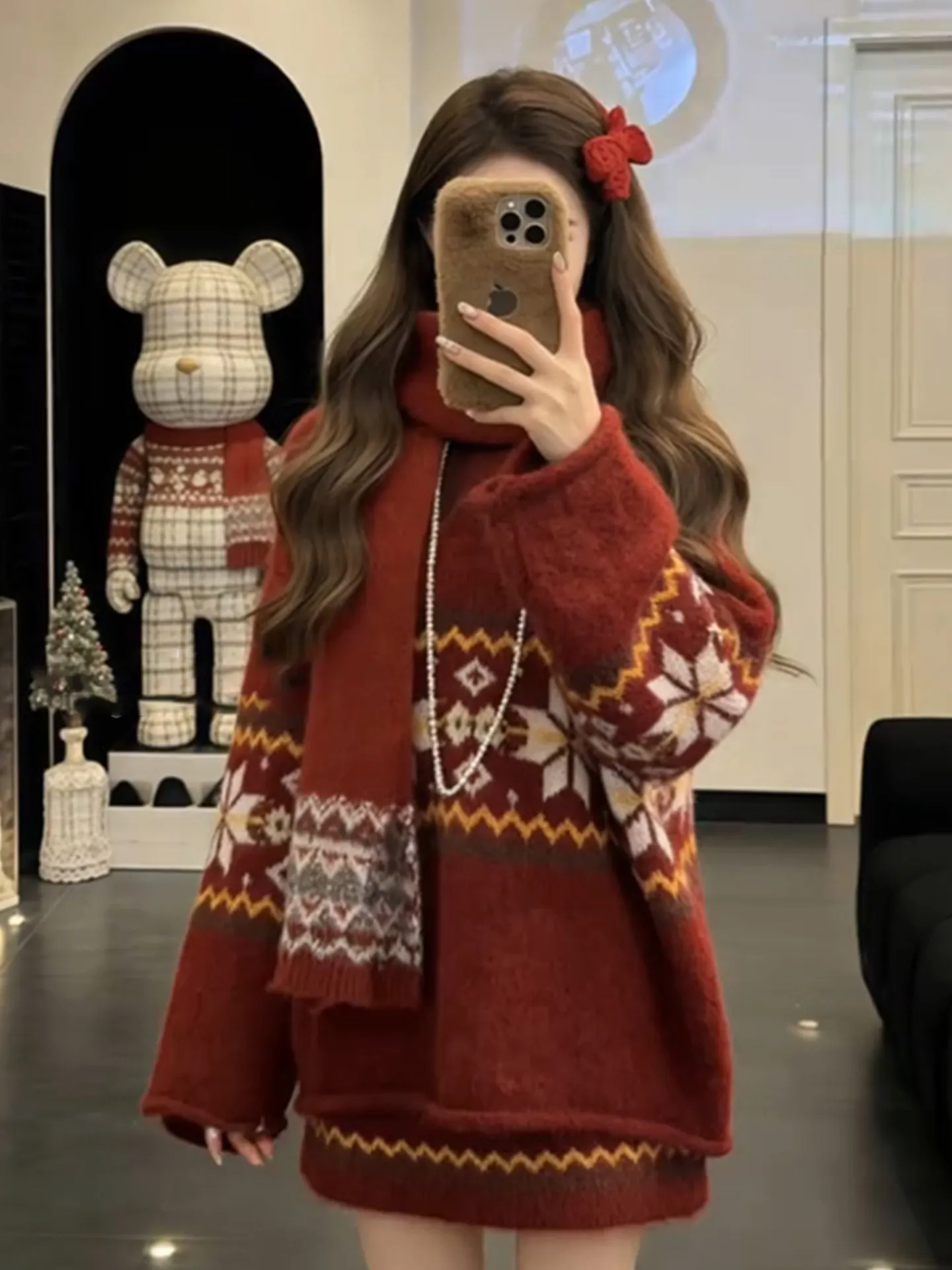 

Retro Knitted Red Sweater ort Skirt Set Casual Winter Faion Women's Ensemble round Ne Long Sve Loose Fit Office Wear