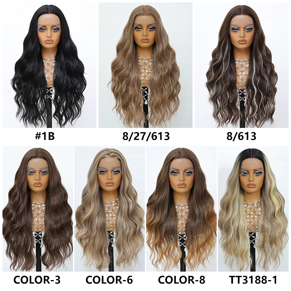 28Inch Ombre Honey Blonde Natural Weave Blend HD French Water Wave Synthetic Hair Lace Front Wigs Heat Resistant Fiber for Daily