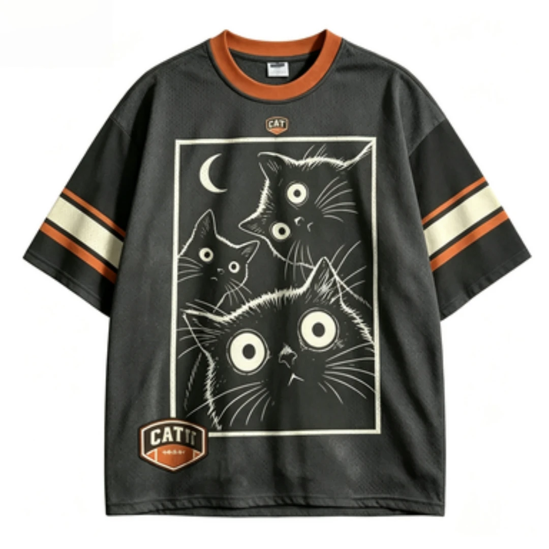 3D Printed Retro Black Cat Moon T-shirt Breathable Mesh Orange Edge Short Sleeve Cat Enthusiast Street Top