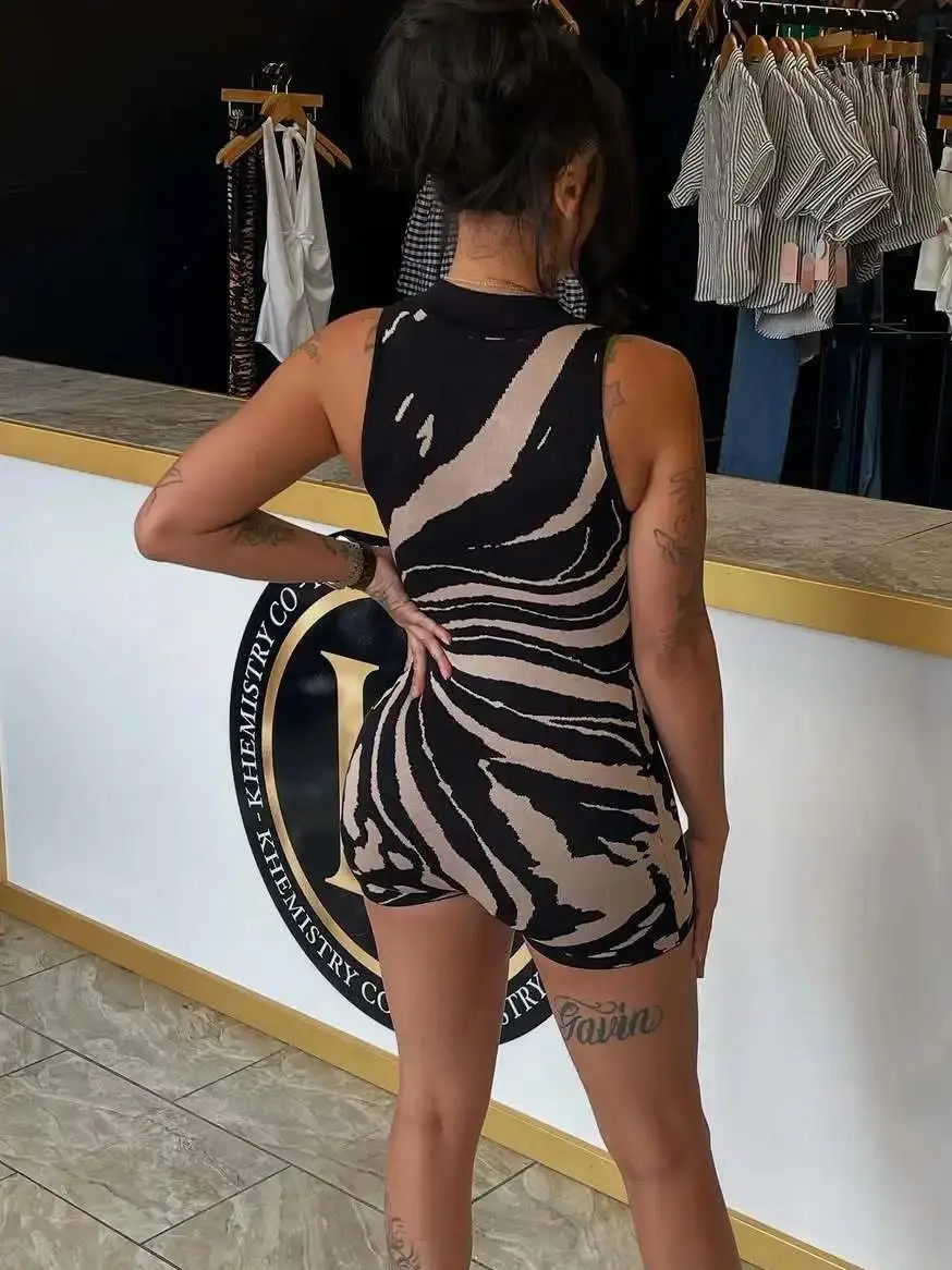 

Weird Puss Zip Polo Neck Romper Women Sleeveless Stripe Print Streetwear Midnight Clubwear Sleeveless Skinny Simple Playsuit