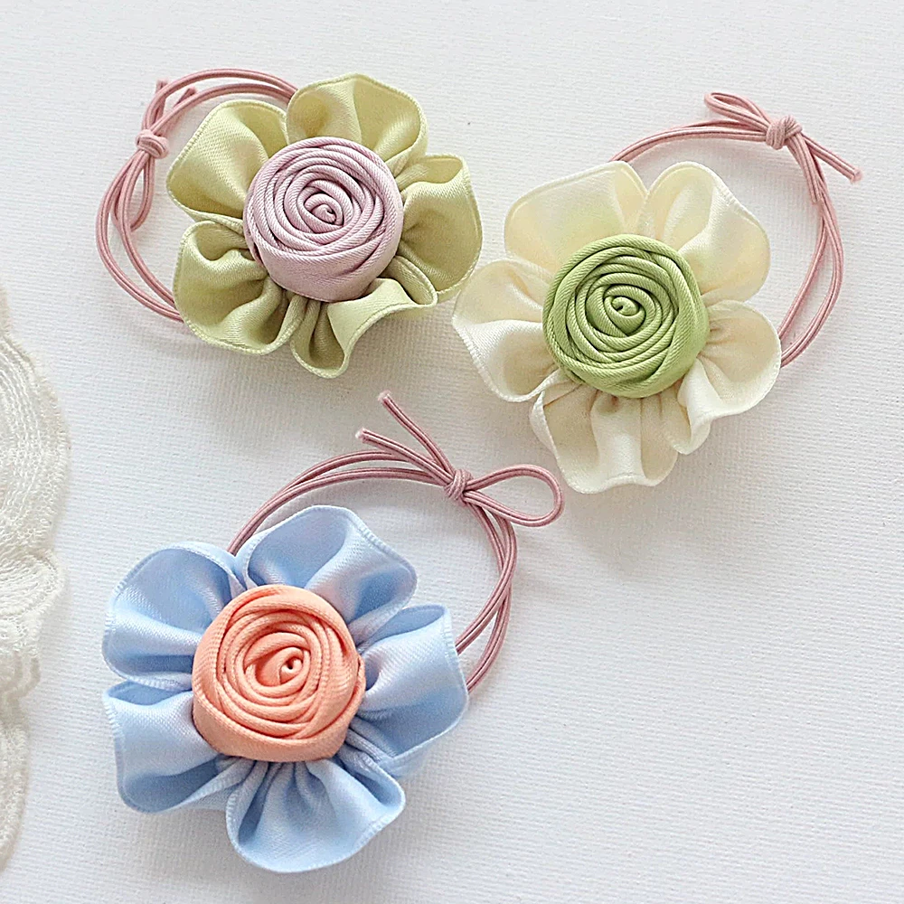 

3pcs Flower Hairband for Girls Ponytail Hair Circle Satin Floral Elastic Rubber HairBand Children Hair Bow Tie Women Scrunchie