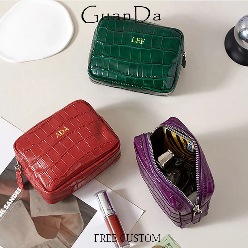 

Luxury Genuine Leather Zip Coin Purse Crocodile Leather Pattern Cowhide Wallet Lipstick Cosmetic Bag Custom Woman Storage Bag