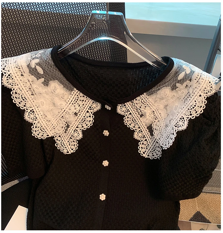 Black Lace Collar Ice Silk Knit Tshirt Sweater Women Elegant Stylish Fashion Pullover Tops 2023 Summer Short Sleeve Knitwear Tee