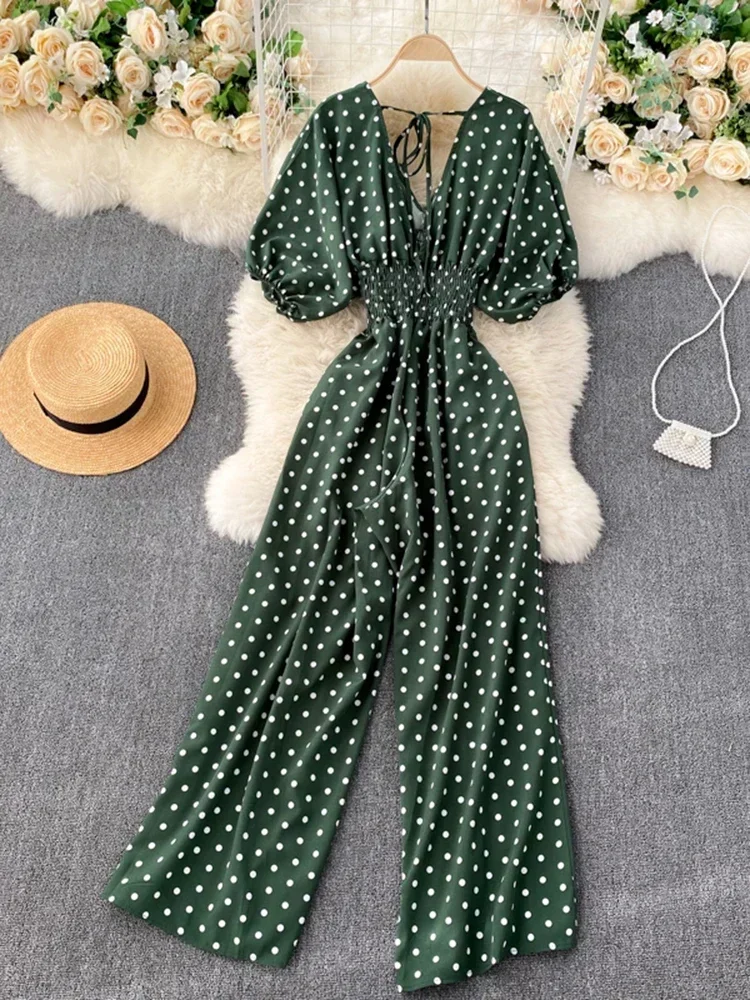 Summer Women\'s One Piece Jumpsuit Korean Retro V-neck Polka Dot Puff Sleeve Jumpsuit New Belt Wide-leg Jumpsuit LH543