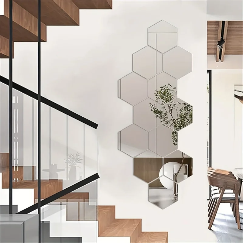 12 Hexagonal 3D Mirror Wall Stickers, Self-adhesive DIY Decoration for Living Room, Bedroom, Bathroom, Irregular Shapes