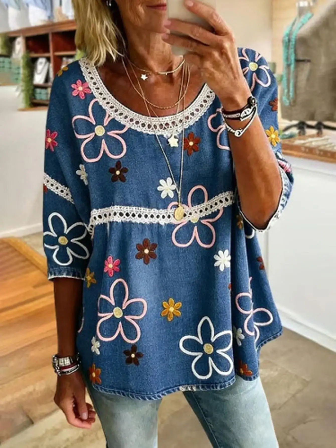 Blusa de talla grande para mujer, estampado floral 3D, manga larga, corte holgado, estilo boho, con ribete de encaje.