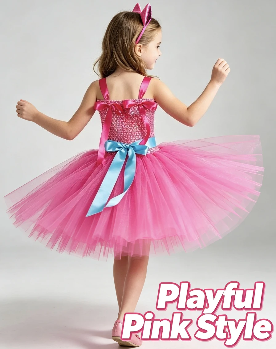Girls Cartoon Super Kitten Print Fluffy Princess Tutu Dress For Children Christmas Halloween Party Animal Themed Holiday Clothes