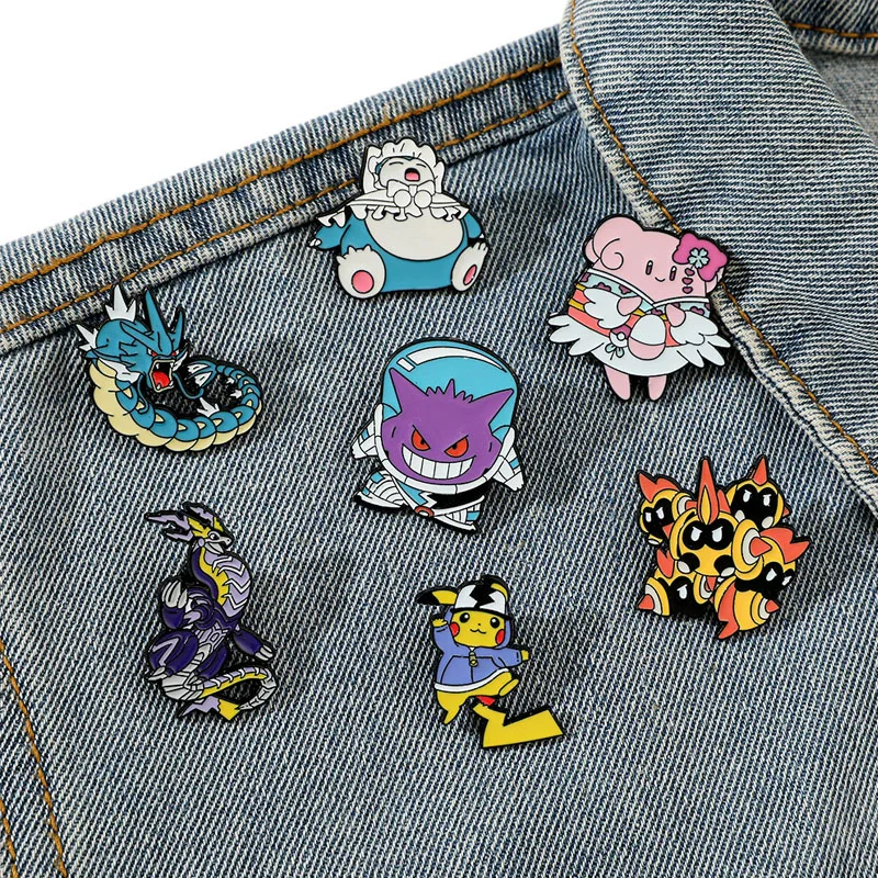 Pokemon Anime Denim Jacket Brooch Personality Cute Pikachu Gengar Enamel Pins Metal Badge Backpack Clothing Decoration Jewelry