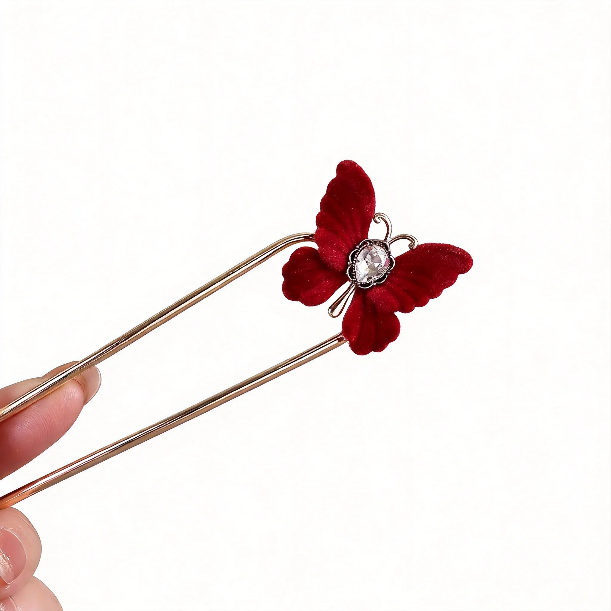 Chinese Style Auspicious Lucky Red Flocking Butterfly Inlaid Rhinestone U Shaped Hairpin Vintage Traditional Hair Stick For Hanf