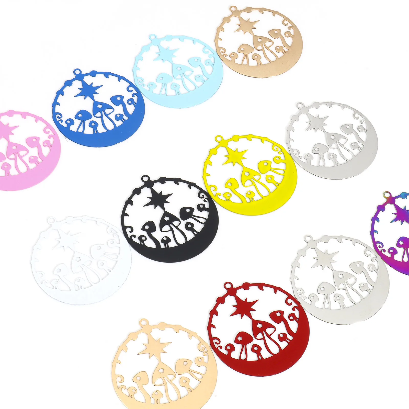 10PC Iron Based Alloy Round Mushroom Star Pendant Filigree Stamping Charms Necklace Earring Diy Jewelry Making Findings 3.3x3cm