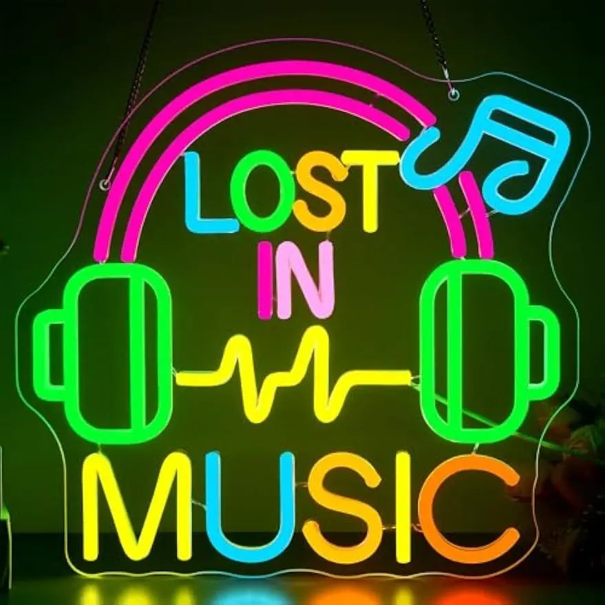 Lost in Music Neon Sign Headphones LED Neon Light for Music Studio Game Room Bedroom Party Decor Gifts Night Light USB Powered