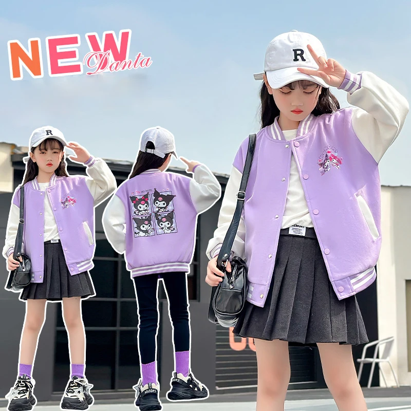 

Sanrios Children Kuromi Spring Autumn Baseball Uniform Coat Anime 23 Sports Cardigan Loose Long Sleeves Kids Girl Cartoon Kawaii