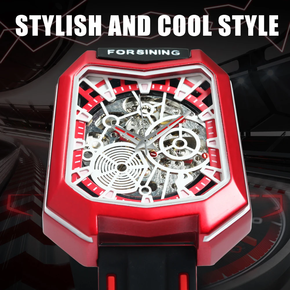 Fashion Shield Sports Skeleton Automatic Mechanical Watch for Men Casual Luxury Silicone Strap Forsining Outdoor Wristwatches