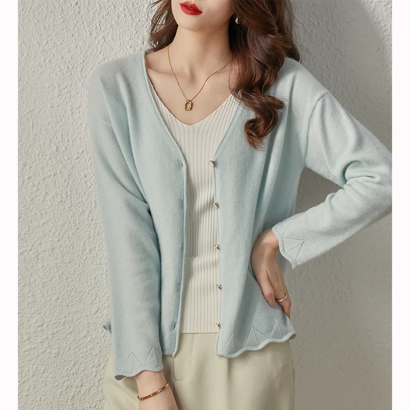 High-end Fashion Women V-neck Cardigan 100% Cashmere Sweater Spring Autumn Long Sleeve Soft Office Lady Basic Knitwear Tops
