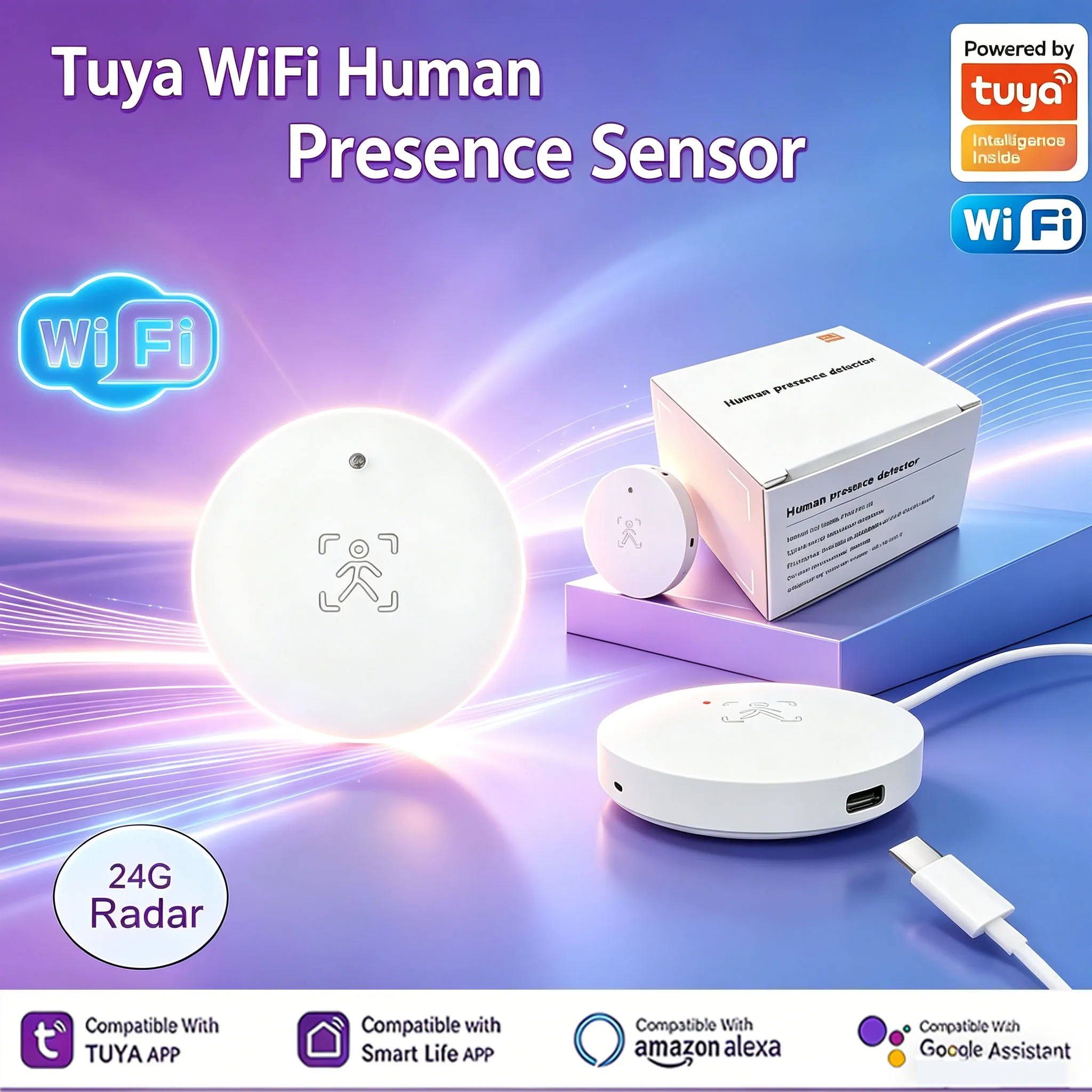 Tuya WiFi 24GHz MmWave Radar Presence Sensor, Smart Life App Human Motion Detector Smart Home Security Automation