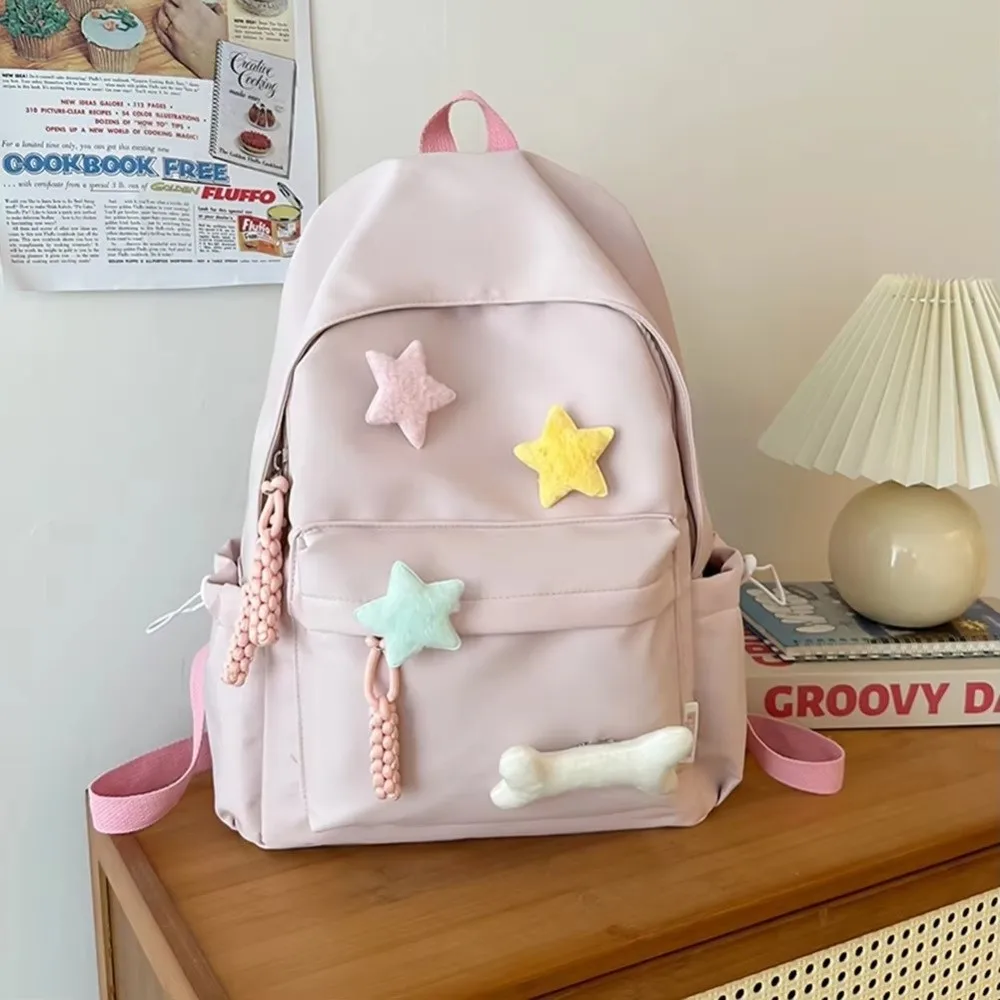 Cute Canvas Star Backpack Zippered Closure Multi-Compartment School Bag Adjustable Straps Large Capacity Casual Backpack Girls