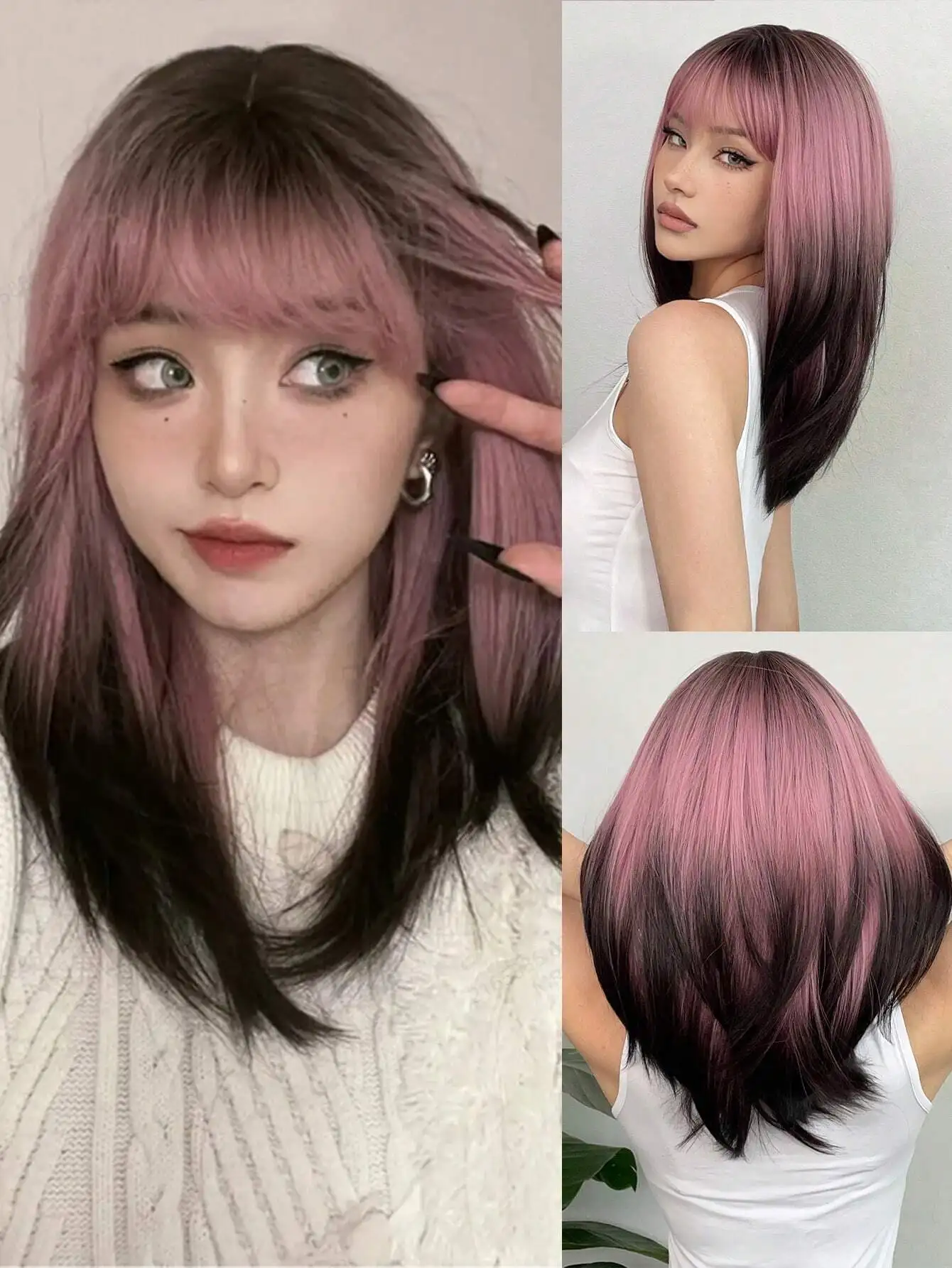 

Black Pink Ombre Synthetic Wigs For Cosplay Long Straight Layered Wigs With Bangs For Women Daily Party Cosplay And School Wear