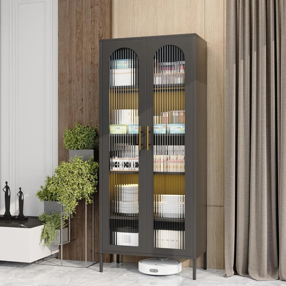 Metal Storage Cabinet,71 Kitchen Pantry Cabinet with Glass Doors，Tall Display Curio Cabinet with Doors and Shelves