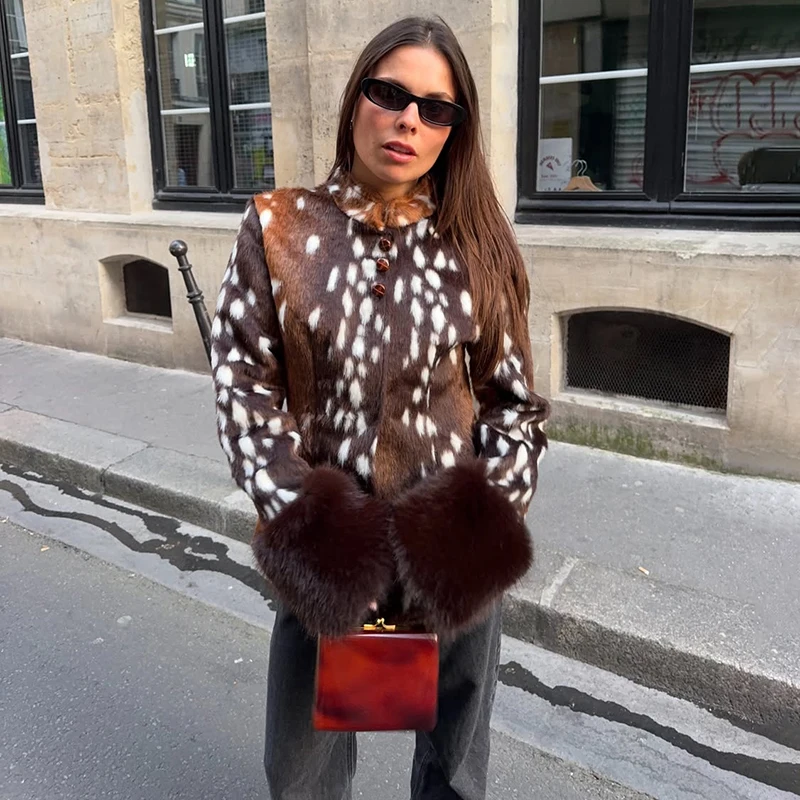 Women's Faux Fur Jacket Stand Collar Big Dark Fur Cuff Patchwork Short Coat Vintage Animal Print Furry Lady Slim Fit Outerwear