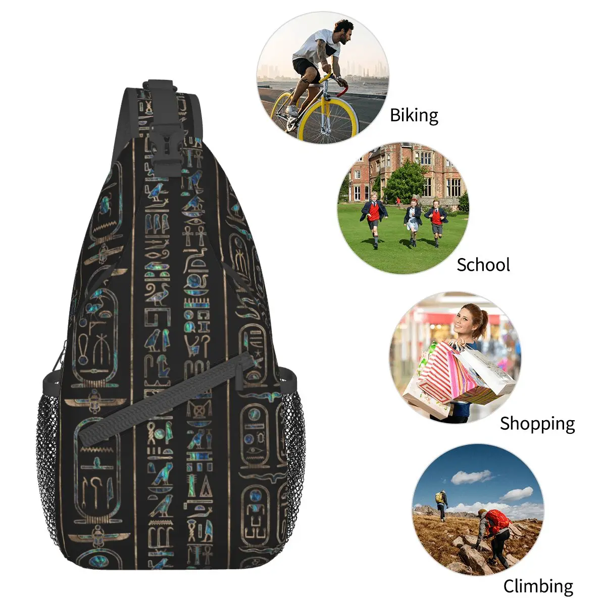 Bandolera de hipoglifos egipcios, bolso de pecho pequeño, mochila de hombro, mochila de día para senderismo, viaje, ciclismo