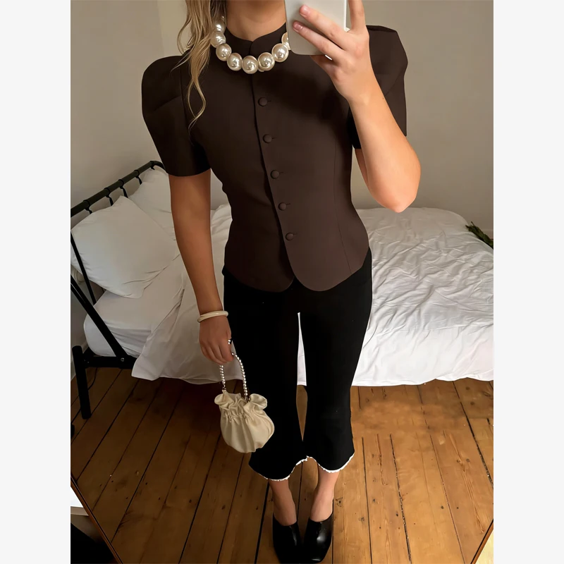 Satin Solid Round Neck Puffer Jacket Short Sleeve Slim Button Front 2026 Spring Retro Elegant Women Blouse Chic Office Lady Coat image 4
