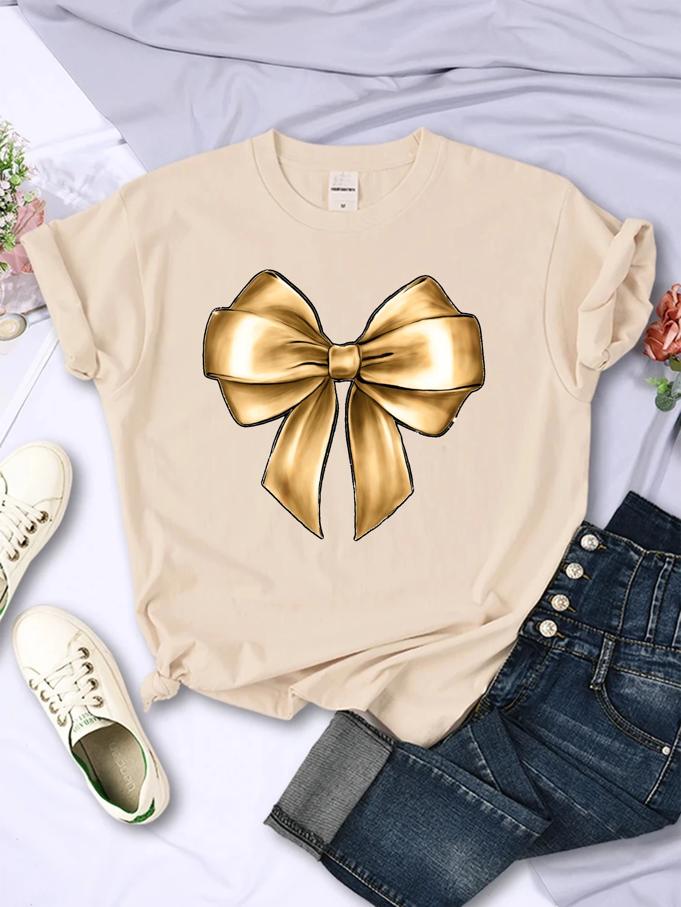 تي شيرت نسائي فضفاض برقبة دائرية ومطبوع مريح على طراز عيد الميلاد الأكثر مبيعًا