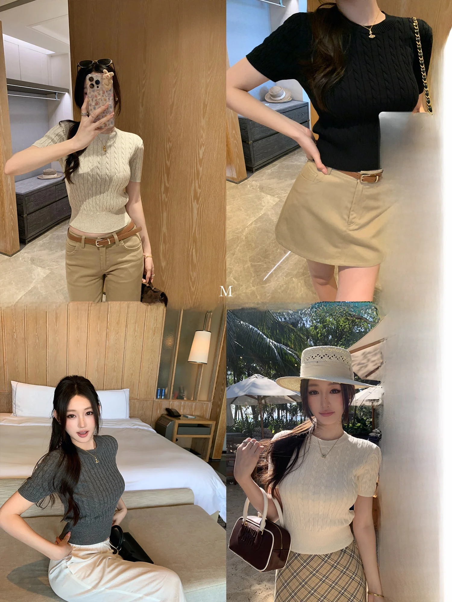 

Chen Mi Fan Miu Sle Retro Twist ort Sve Knitted T-irt Women's Basic Lightweight round Ne Top Casual Slim Fit Cotto...